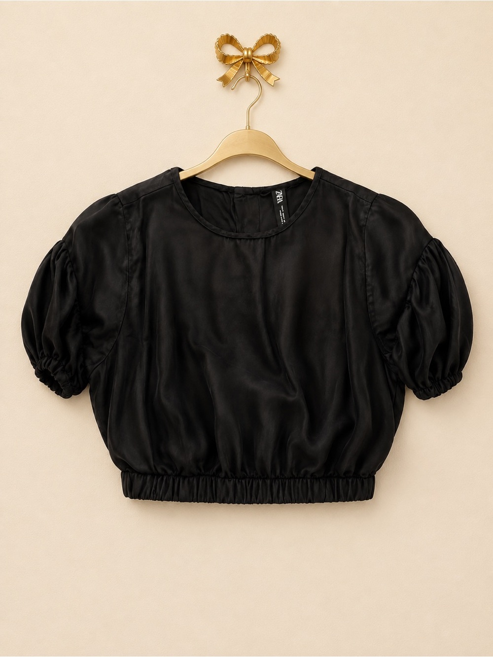 Zara Black Satin Puff-Sleeve Cropped Top